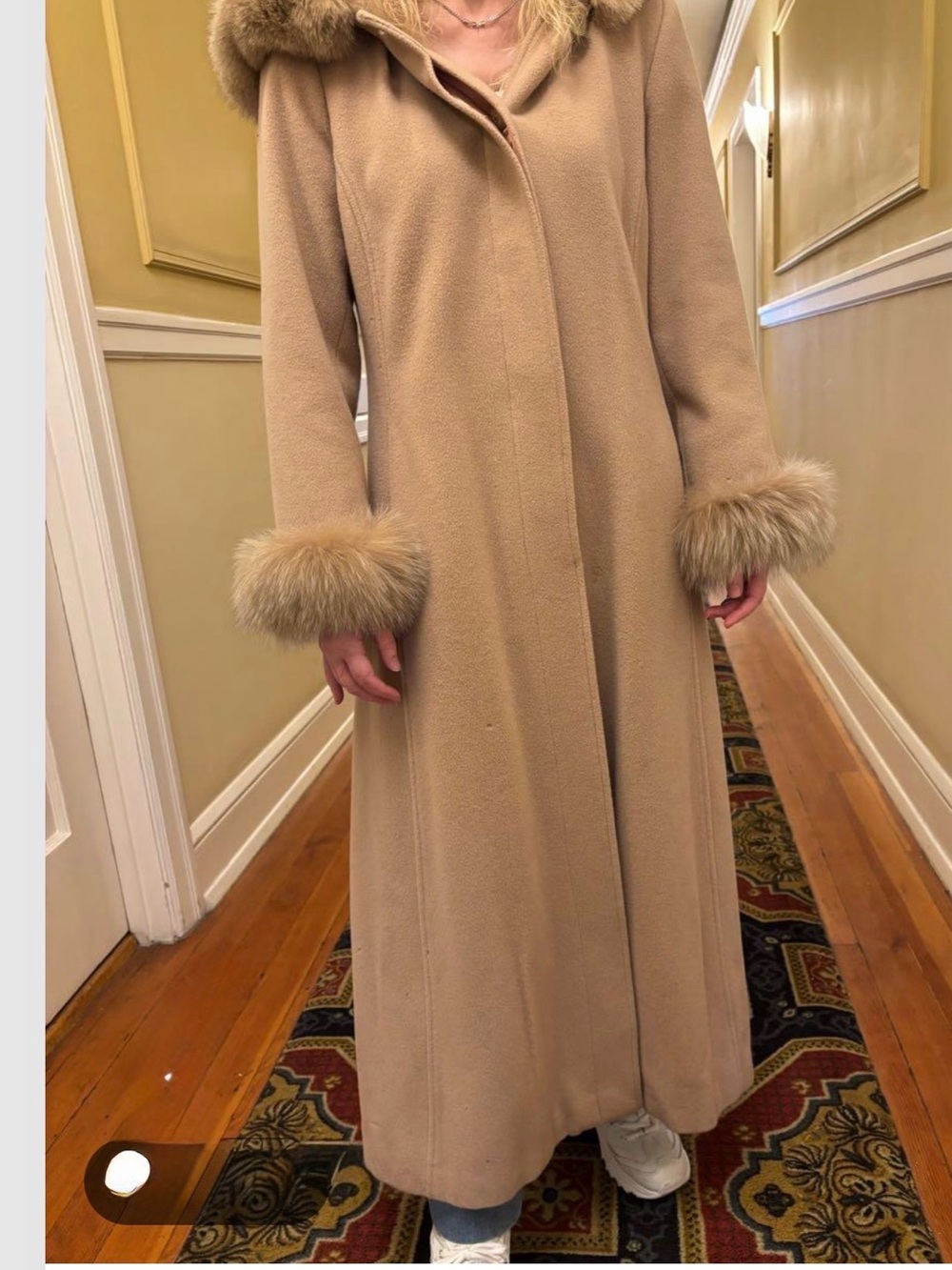 Marvin Richards Y2K Vintage Camel Wool Long Coat with Fur Trim USA 10